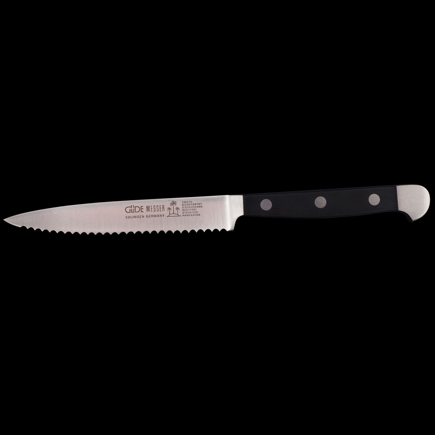 Gude Alpha Series Forged Double Bolster Tomato Knife 5", Black Hostaform Handle and Serrated Blade - GuedeUSA