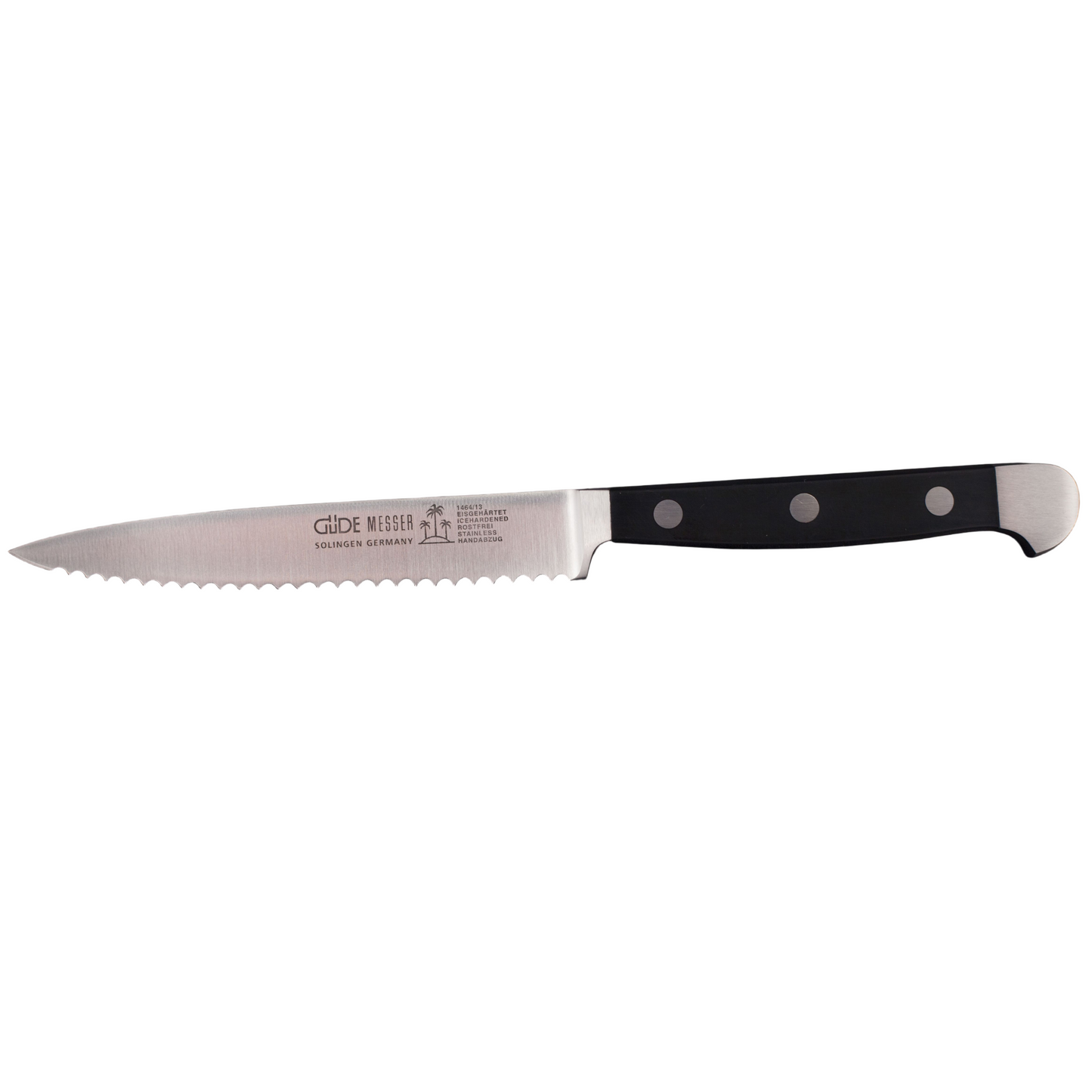 Gude Alpha Series Forged Double Bolster Serrated Tomato Knife 5-in, Black Hostaform Handle - Gude Shop USA