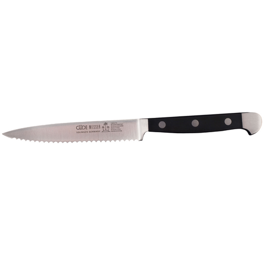 Gude Alpha Series Forged Double Bolster Serrated Tomato Knife 5-in, Black Hostaform Handle