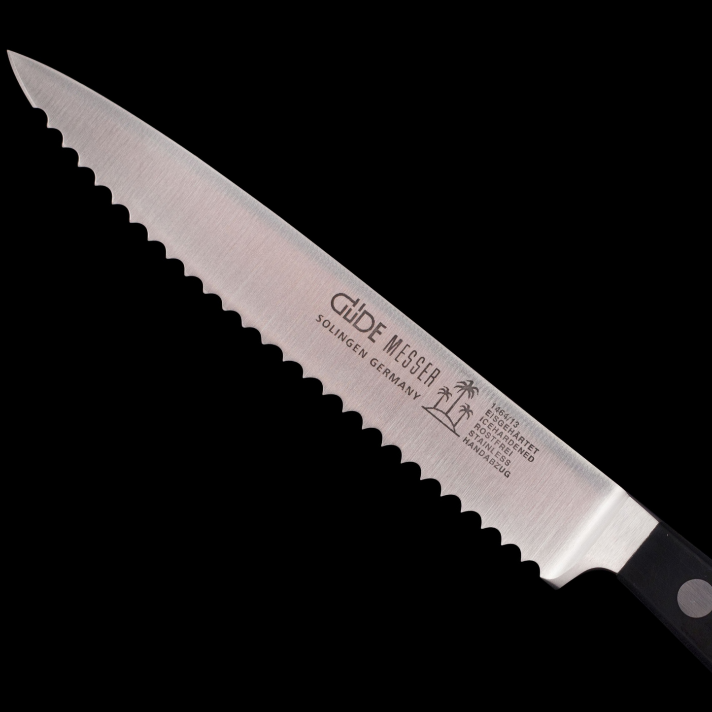 Gude Alpha Series Forged Double Bolster Tomato Knife 5", Black Hostaform Handle and Serrated Blade - GuedeUSA