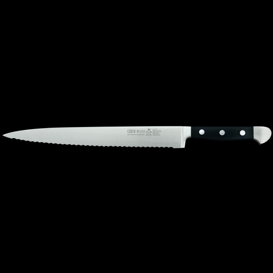 Gude Alpha Series Forged  Double Bolster Serrated Slicer / Roast Beef Knife 10", Black Hostaform Handle - GuedeUSA