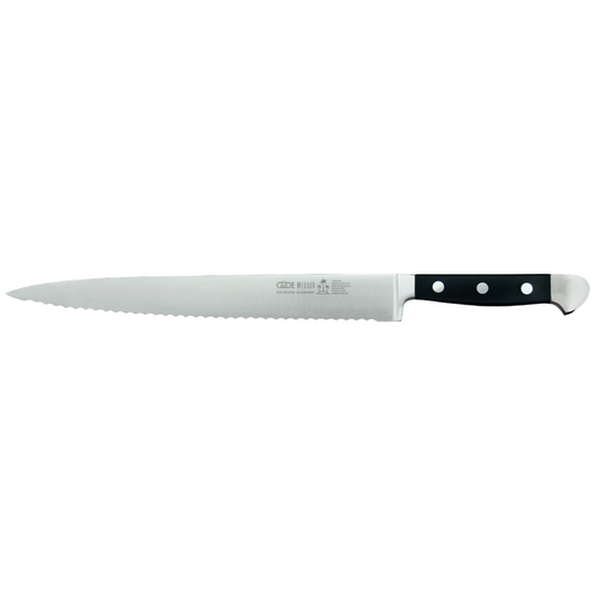Gude Alpha Series Forged  Double Bolster Serrated Slicer / Roast Beef Knife 10-in, Black Hostaform Handle