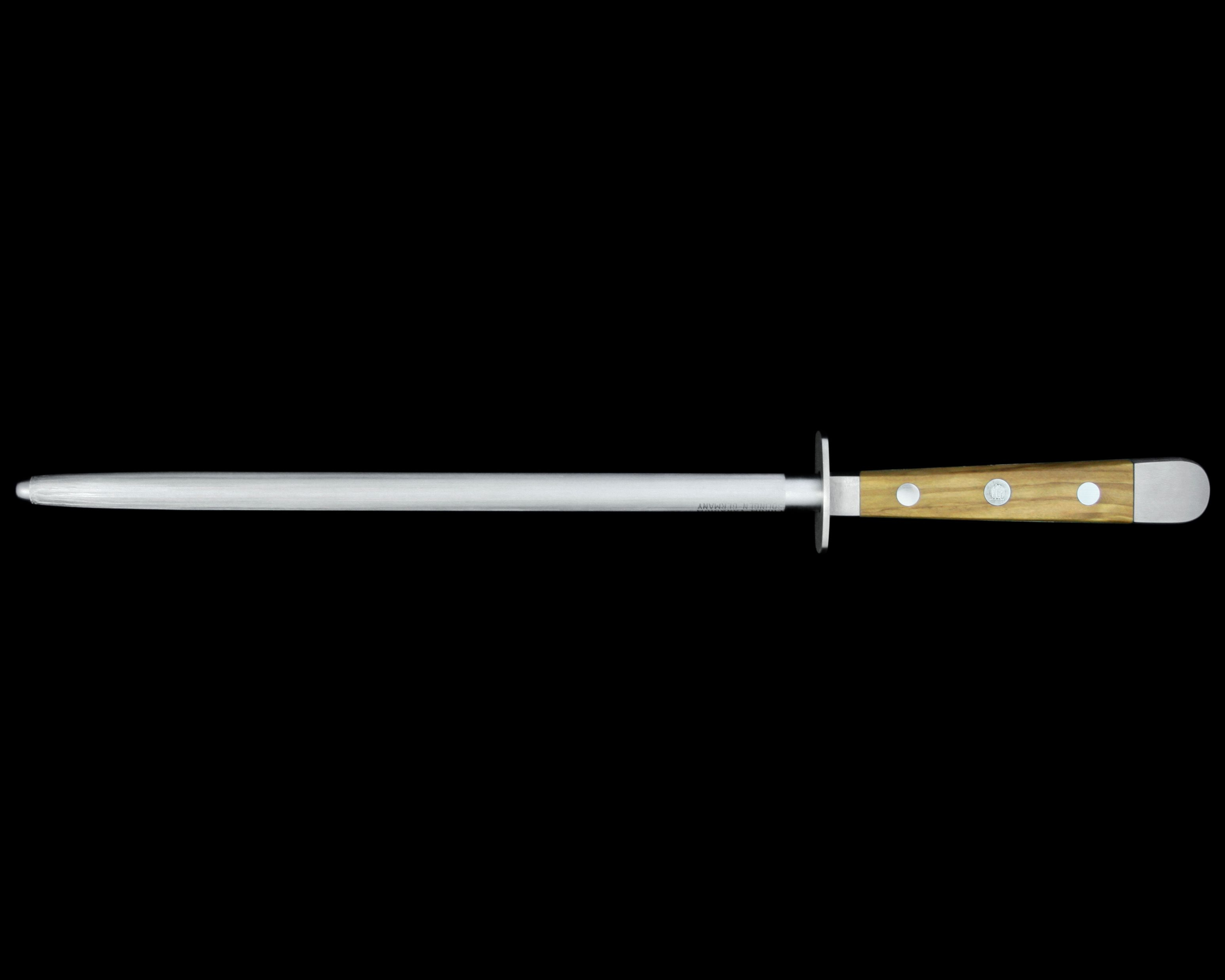 Güde Alpha Olive Series Sharpening Steel 10-inch, forged from a single bar of steel for a harder, thicker blade
