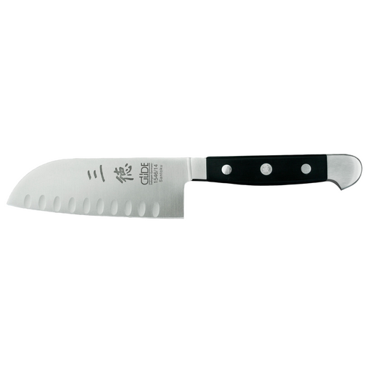 Gude Alpha Series Forged Double Bolster Hollow Edge Santoku Knife 5-in, Black Hostaform Handle