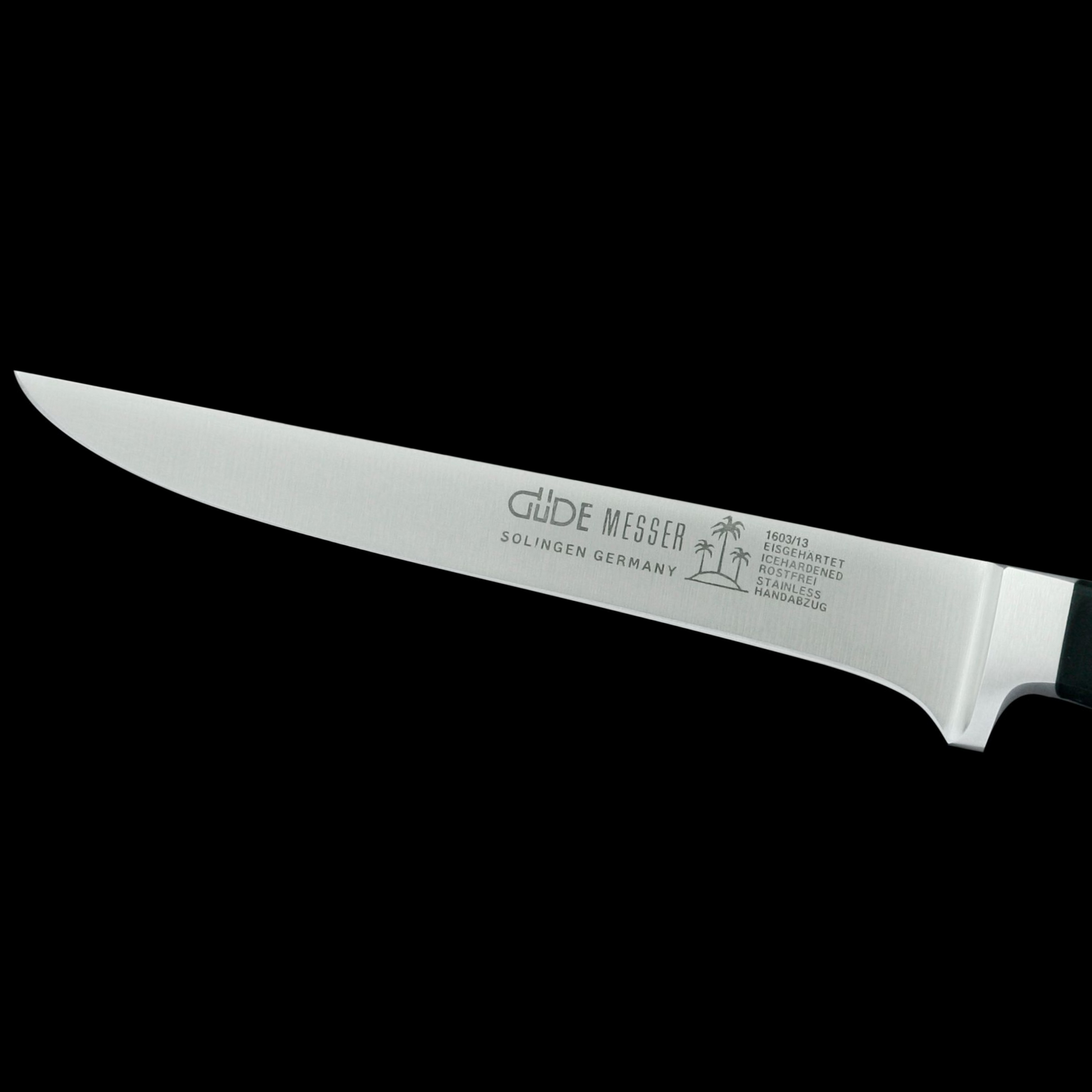 Gude Alpha Series Forged Double Bolster Boning Knife 5", Black Hostaform Handle - GuedeUSA