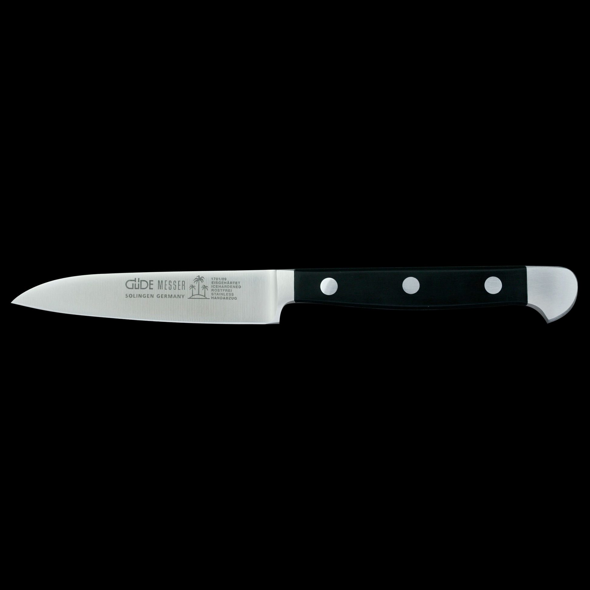 Gude Alpha Series Forged Double Bolster Utility Knife 3", Black Hostaform Handle - GuedeUSA