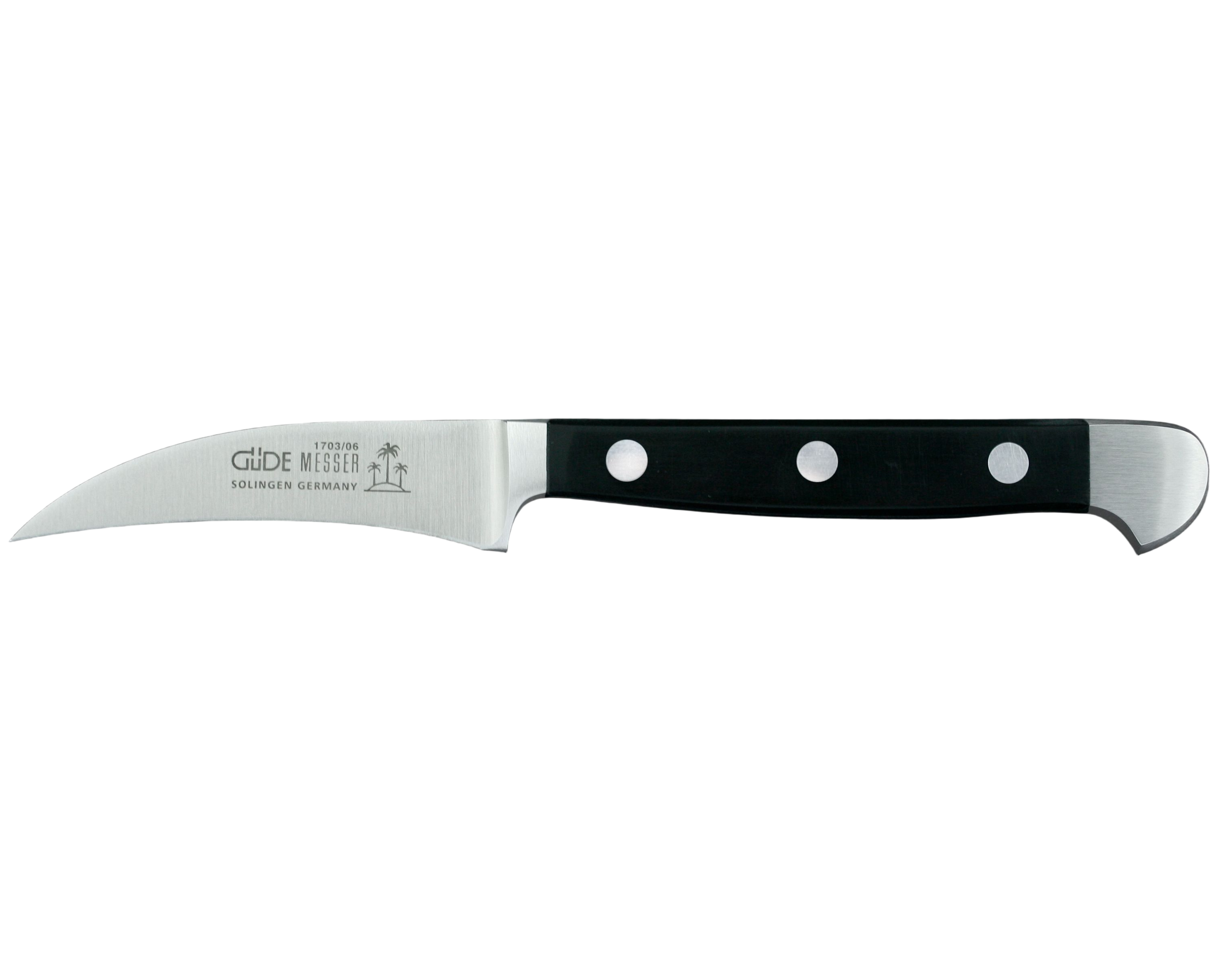 Güde Alpha Bird's Beak Knife 2-in with black Hostaform handle, hand-forged in Solingen, Germany
