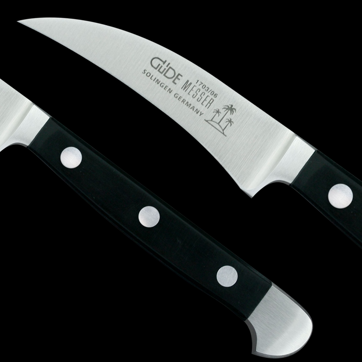 Gude Alpha Series Forged Double Bolster Bird's Beak Knife 2", Black Hostaform Handle - GuedeUSA