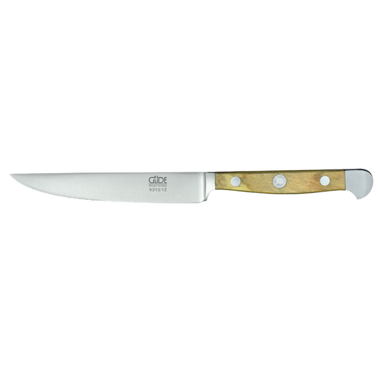 Gude Alpha Olive Series Forged Double Bolster Serrated Steak Knife 4-1/2-in, Olivewood Handle