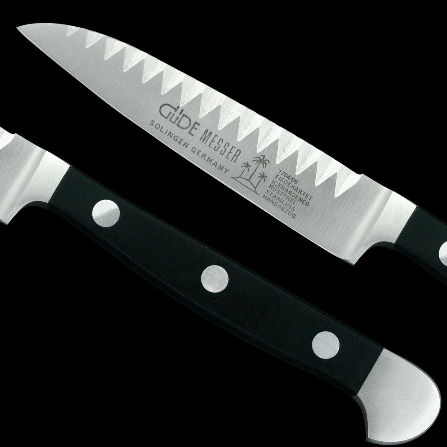 Gude Alpha Series Forged Double Bolster Decorating Knife 3", Black Hostaform Handle - GuedeUSA