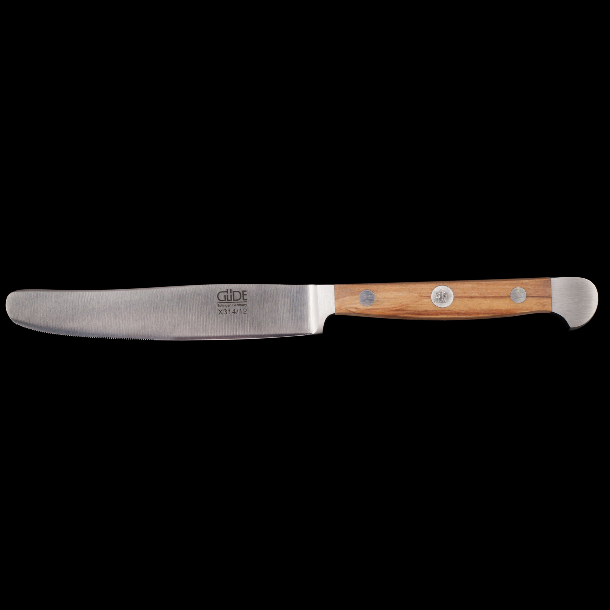 Gude Alpha Olive Series Forged Double Bolster Steak Knife 4 1/2",Olivewood Handle and Serrated Blade - GuedeUSA