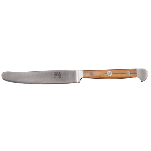 Gude Alpha Olive Series Forged Double Bolster Serrated Steak Knife 4-1/2-in, Olivewood Handle