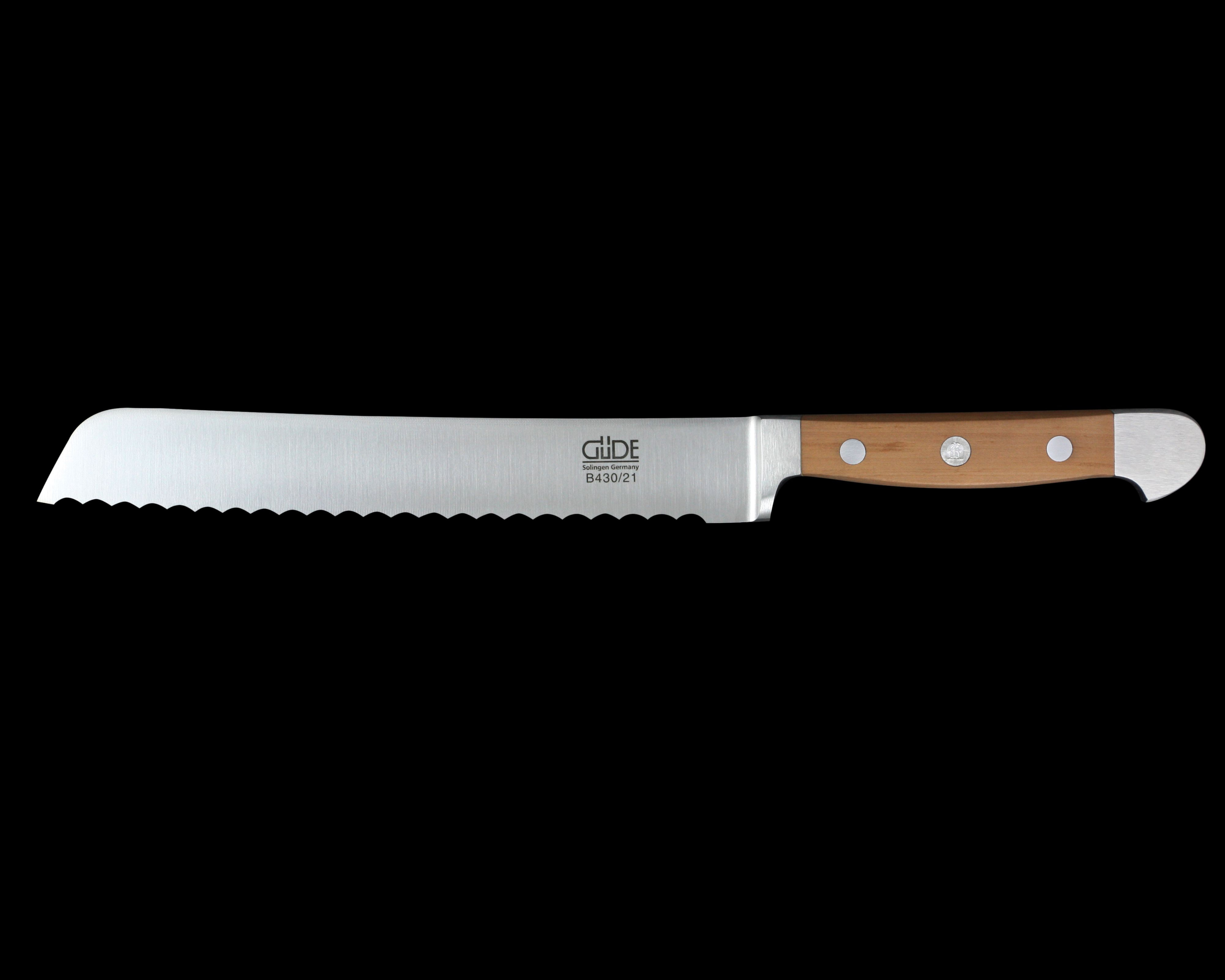 Gude Alpha Pear Series Forged Double Bolster Bread Knife 8", Pearwood Handle and Serrated Blade - GuedeUSA