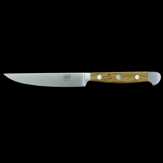 Gude Alpha Olive Series Forged Double Bolster Porterhouse Steak Knife 4 1/2", Olivewood Handle and Serrated Blade - GuedeUSA