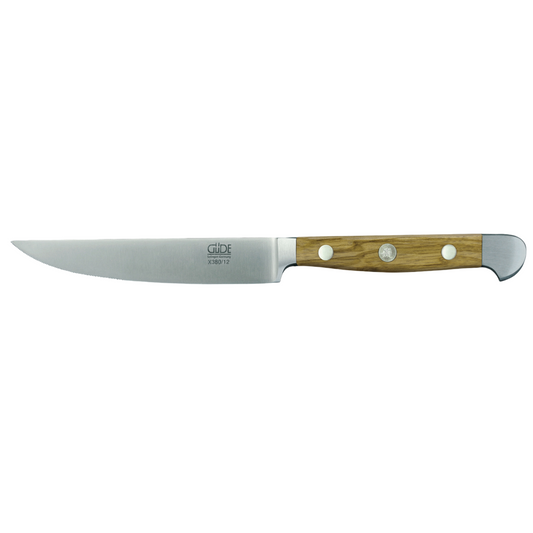 Gude Alpha Olive Series Forged Double Bolster Porterhouse Serrated Steak Knife 4-1/2-in, Olivewood Handle