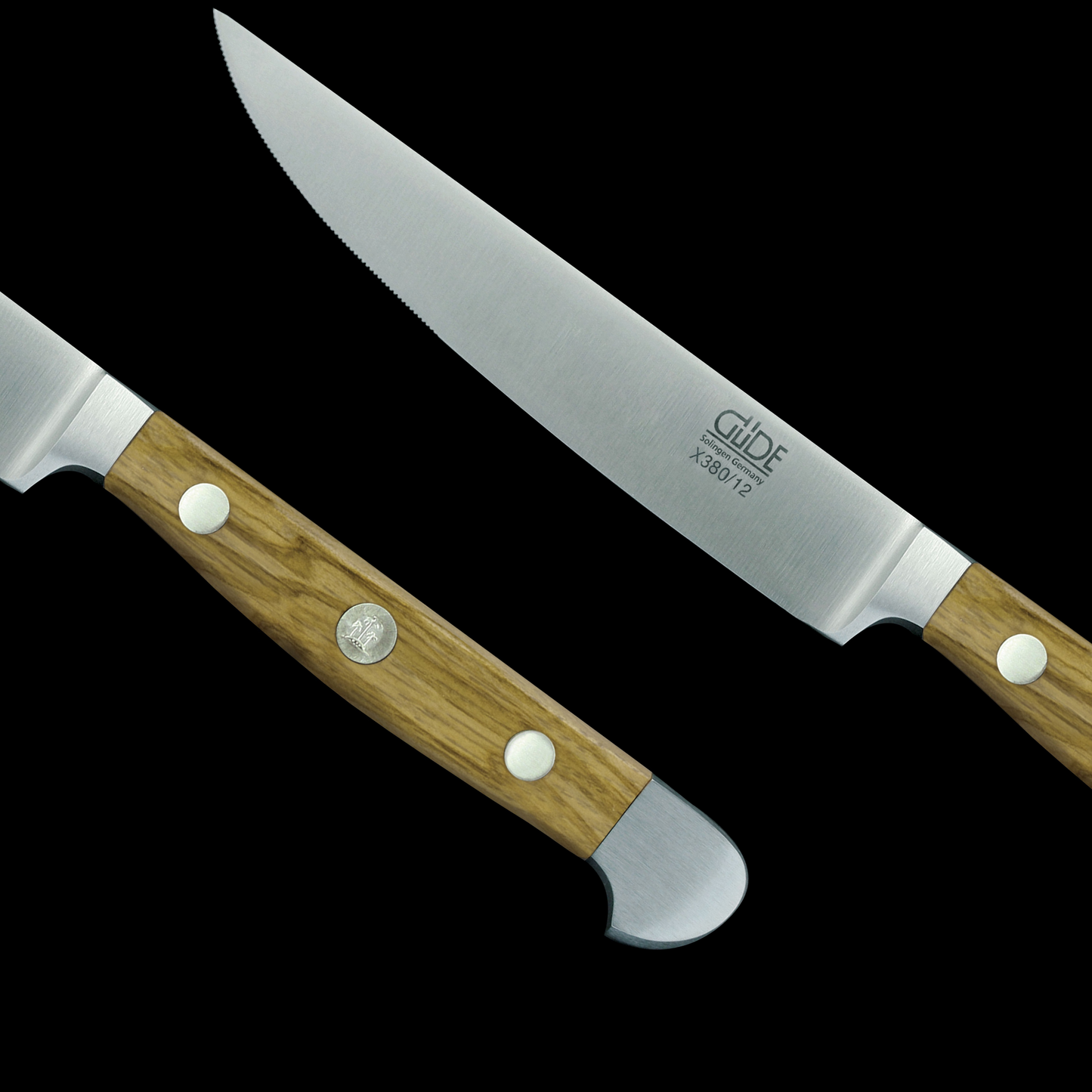 Gude Alpha Olive Series Forged Double Bolster Porterhouse Steak Knife 4 1/2", Olivewood Handle and Serrated Blade - GuedeUSA