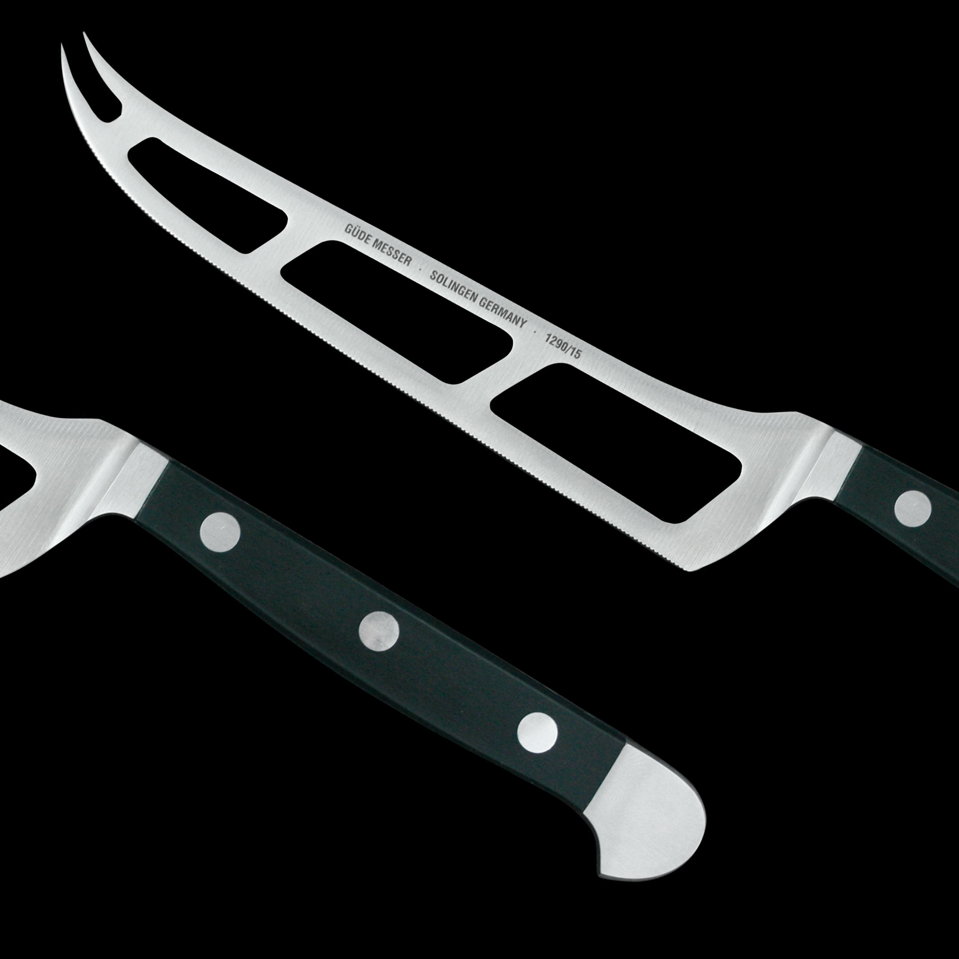 Gude Alpha Series Forged Double Bolster Cheese Knife 6", Hostaform Black Handle and Serrated Blade - GuedeUSA