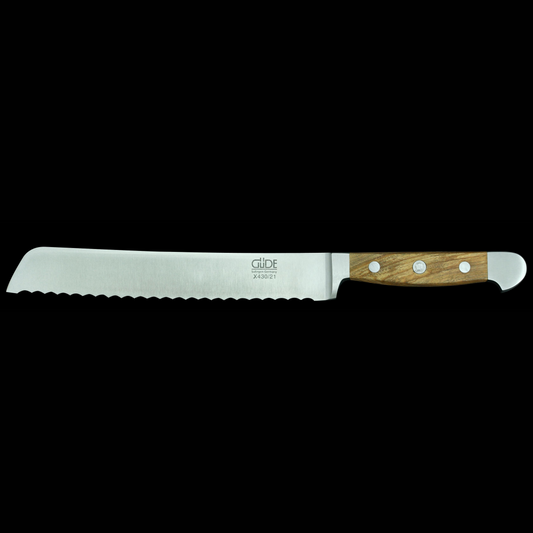 Gude Alpha Olive Series Forged Double Bolster Bread Knife 8", Olivewood Handle and Serrated Blade - GuedeUSA