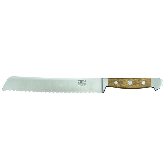 Gude Alpha Olive Series Forged Double Bolster Serrated Bread Knife 8-in, Olivewood Handle