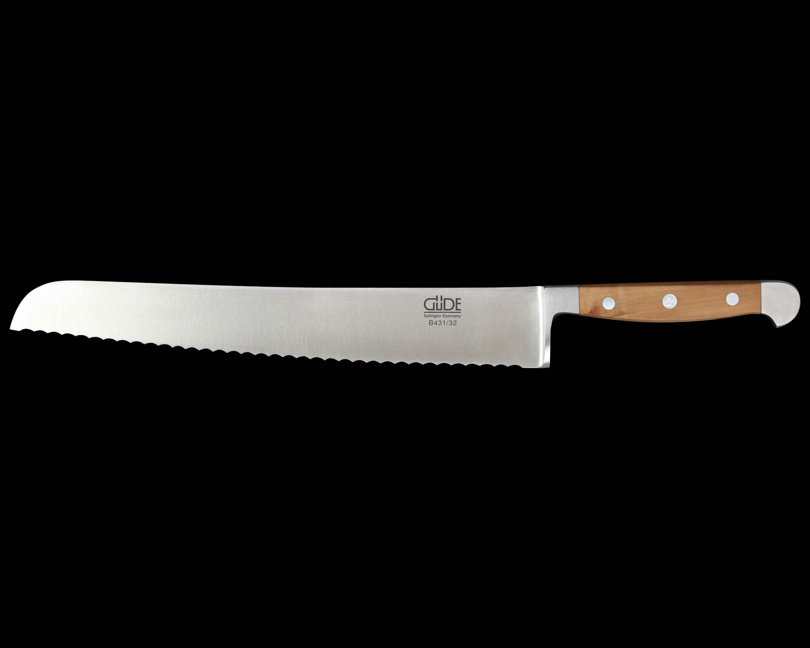 Gude Alpha Pear Series Forged Double Bolster Bread Knife 12", Pearwood Handle and Serrated Blade - GuedeUSA