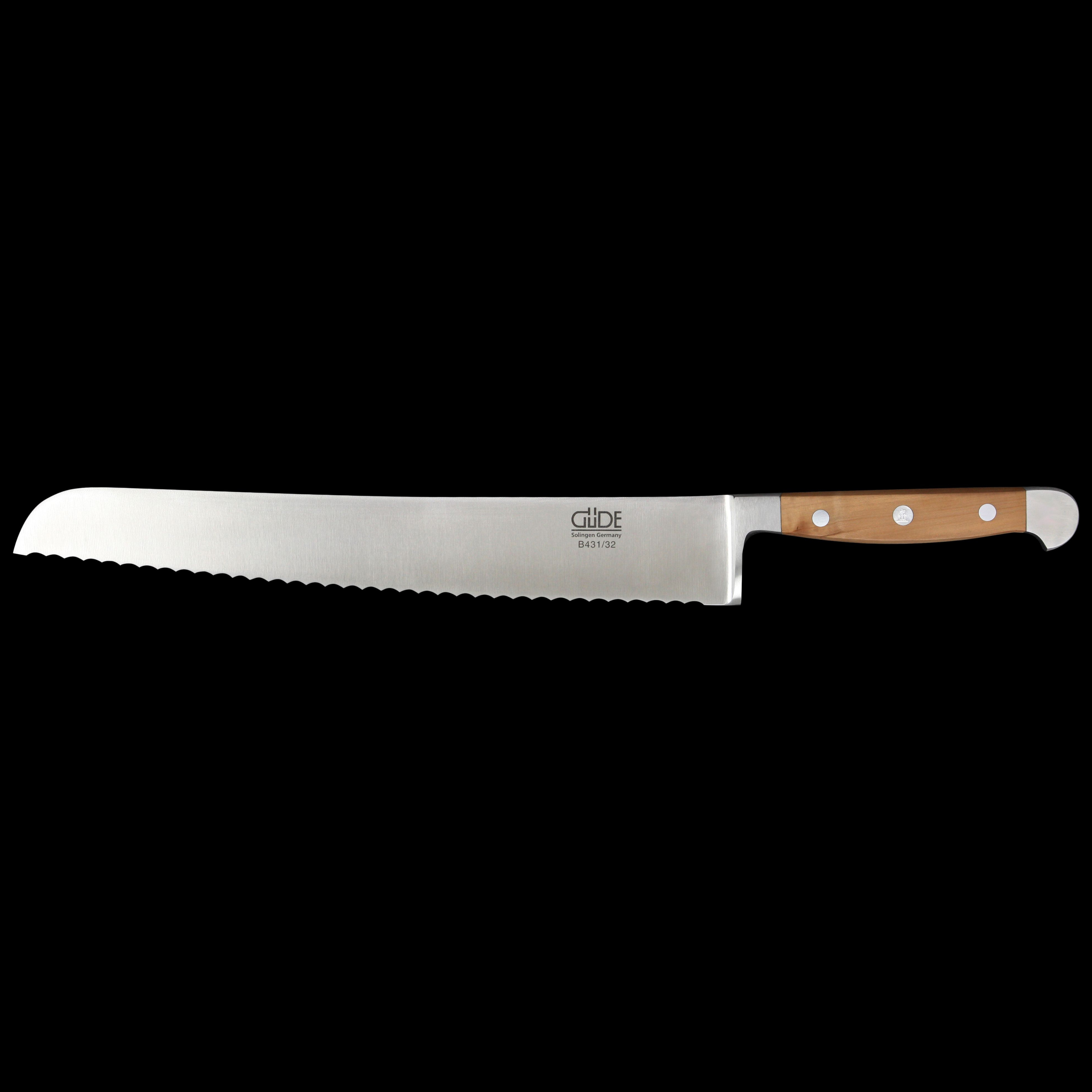 Gude Alpha Pear Series Forged Double Bolster Bread Knife 12", Pearwood Handle and Serrated Blade - GuedeUSA