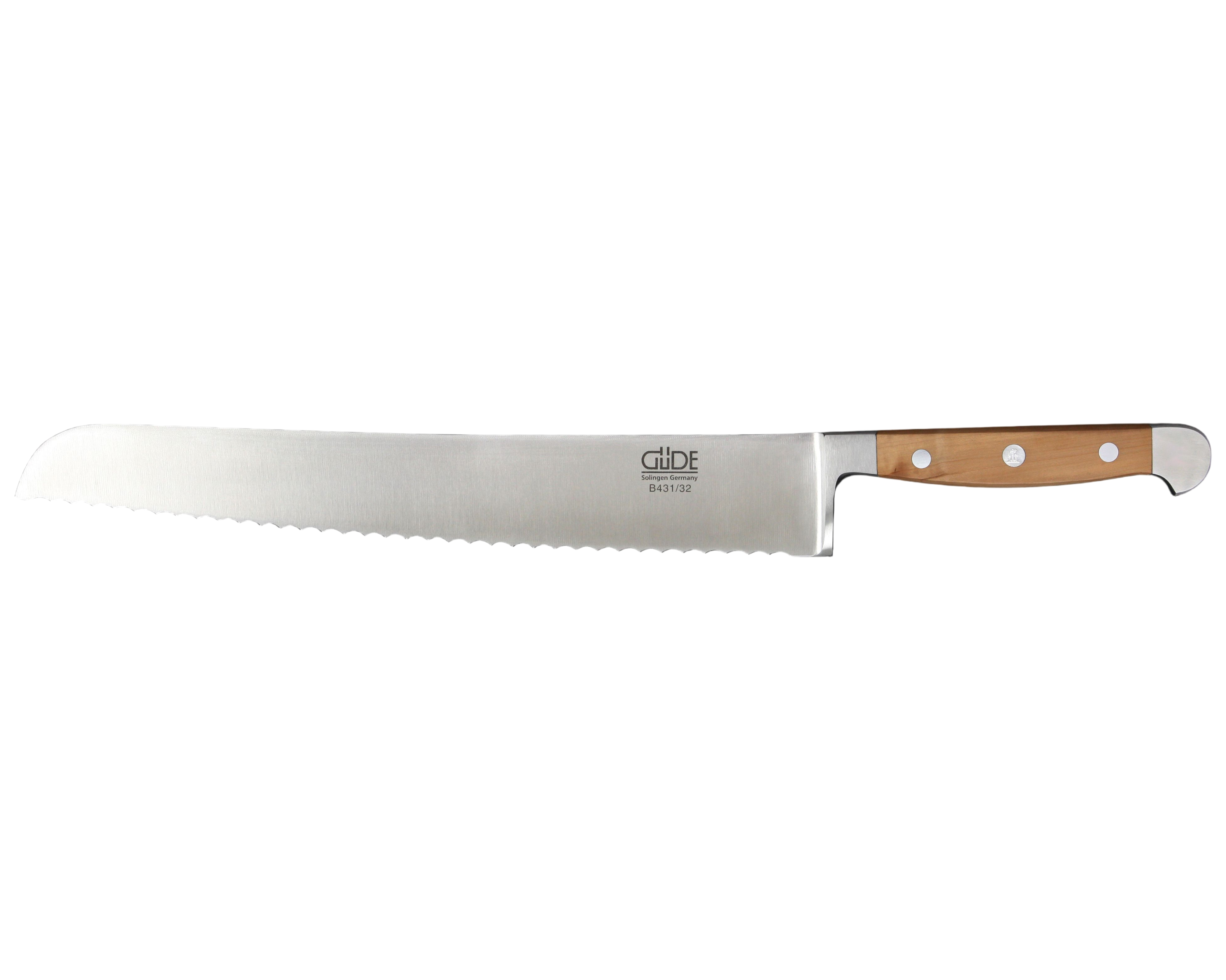 Gude Alpha Pear Series Forged Double Bolster Serrated Bread Knife 12-in, Luxury Pear Wood Handle - Gude Shop USA