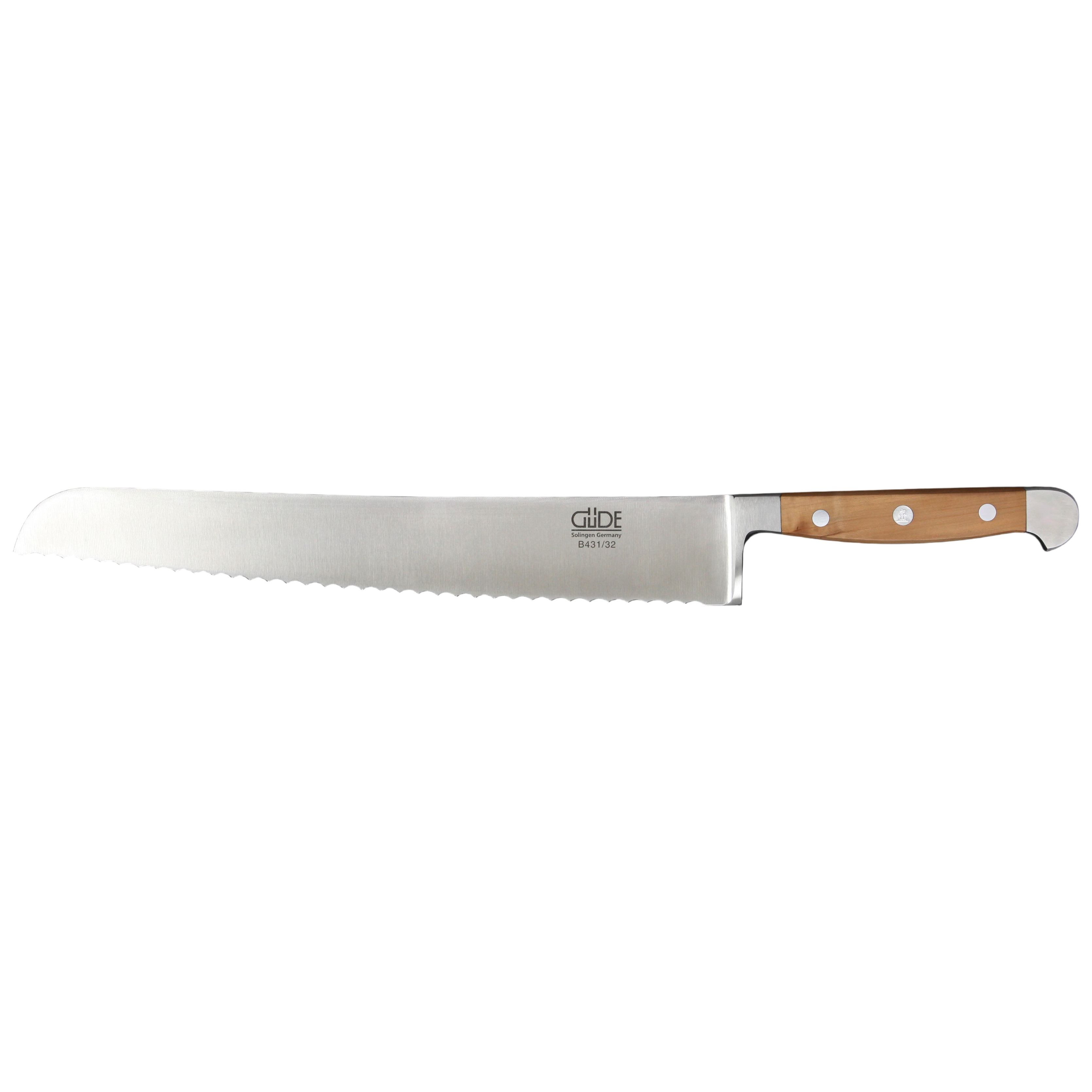 Gude Alpha Pear Series Forged Double Bolster Serrated Bread Knife 12-in, Luxury Pear Wood Handle - Gude Shop USA