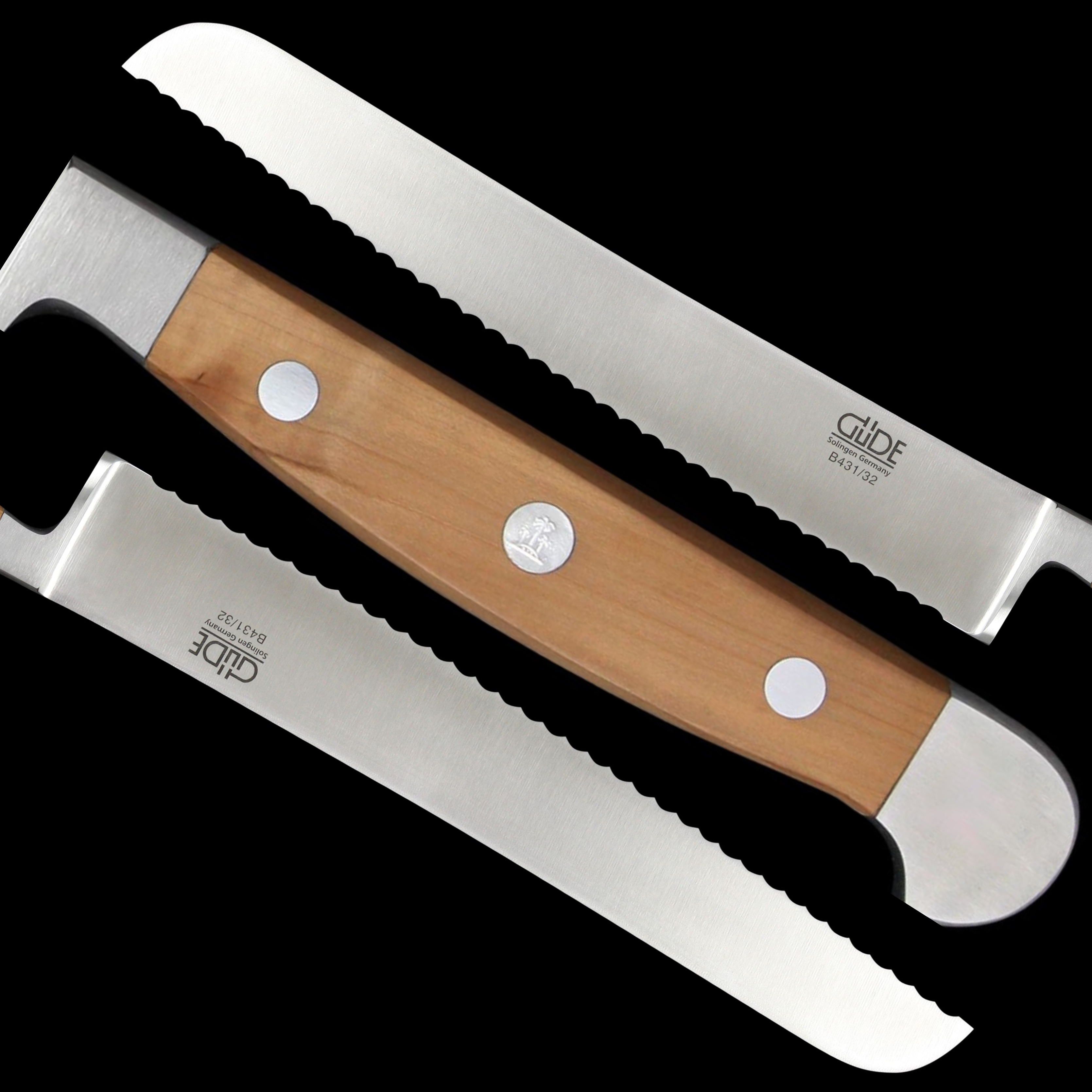 Gude Alpha Pear Series Forged Double Bolster Bread Knife 12", Pearwood Handle and Serrated Blade - GuedeUSA