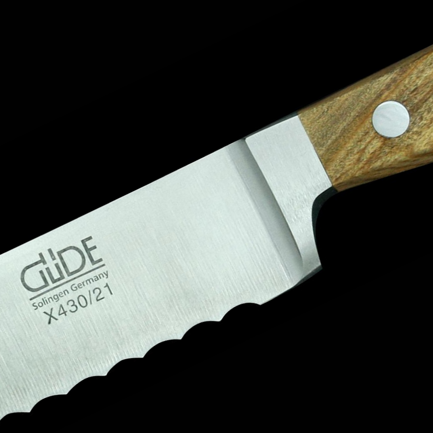 Gude Alpha Olive Series Forged Double Bolster Bread Knife 8", Olivewood Handle and Serrated Blade - GuedeUSA