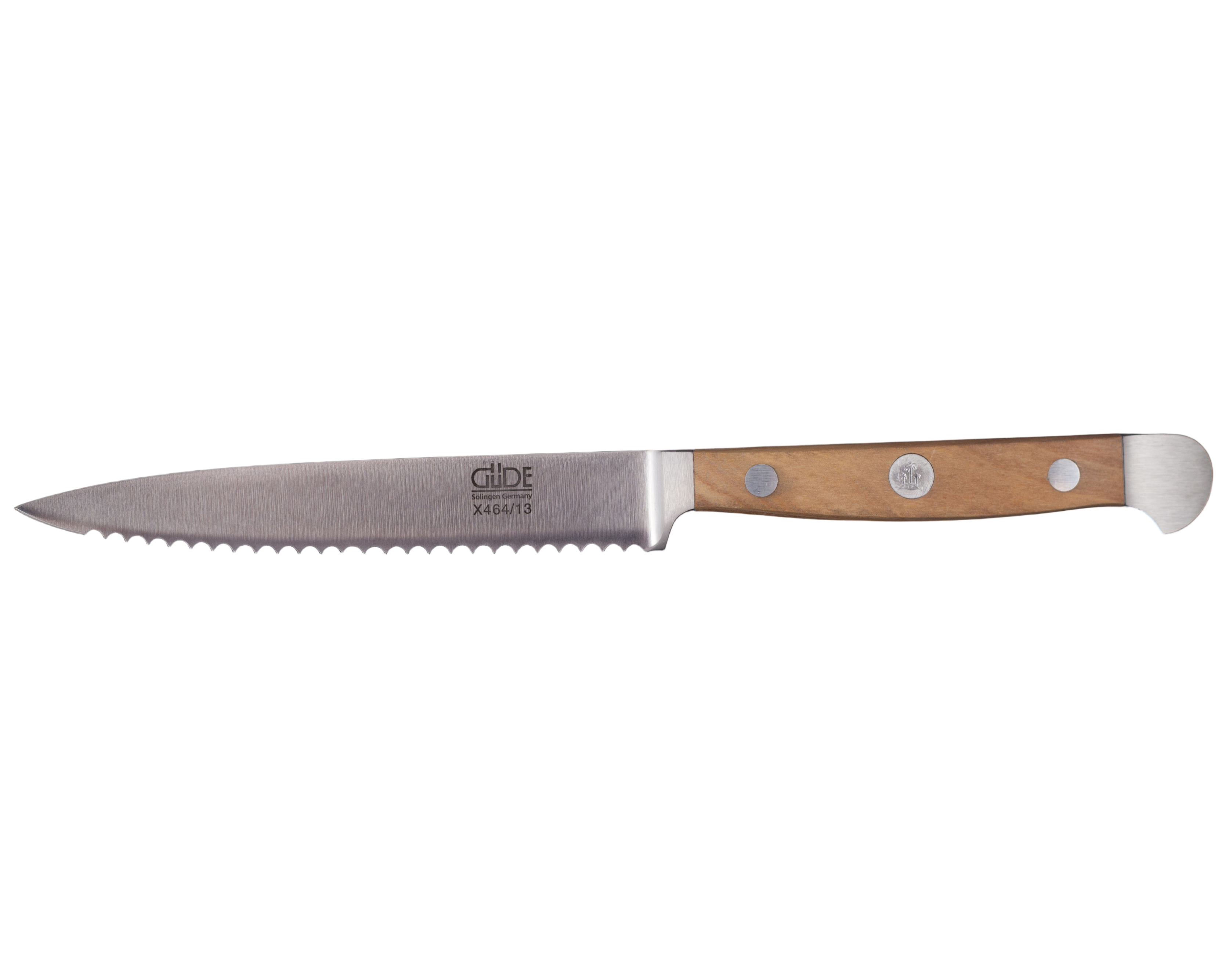 Gude Alpha Olive Series Forged Double Bolster Serrated Tomato Knife 5-in, Olivewood Handle - Gude Shop USA