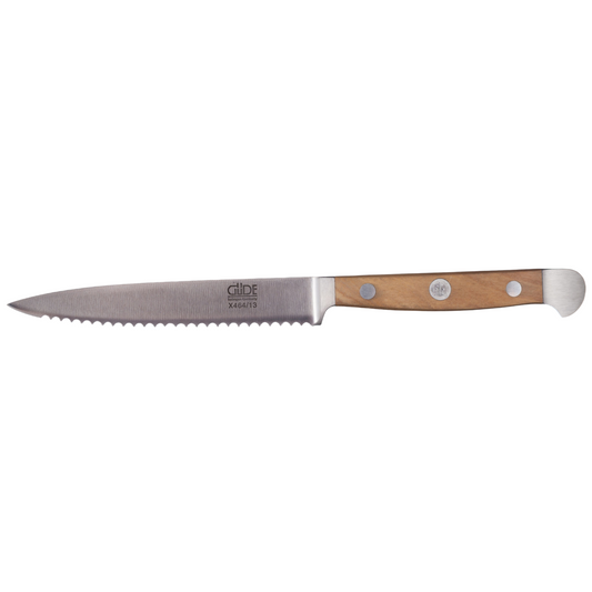 Gude Alpha Olive Series Forged Double Bolster Serrated Tomato Knife 5-in, Olivewood Handle