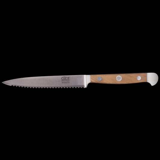 Gude Alpha Olive Series Forged Double Bolster Tomato Knife 5", Olivewood Handle and Serrated Blade - GuedeUSA