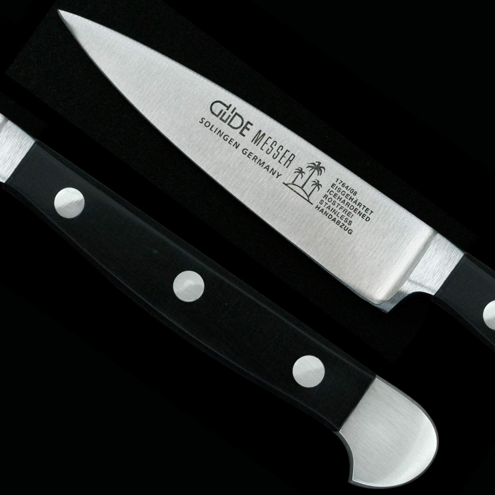 Gude Alpha Series Forged Double Bolster Paring Knife 3", Black Hostaform Handle - GuedeUSA
