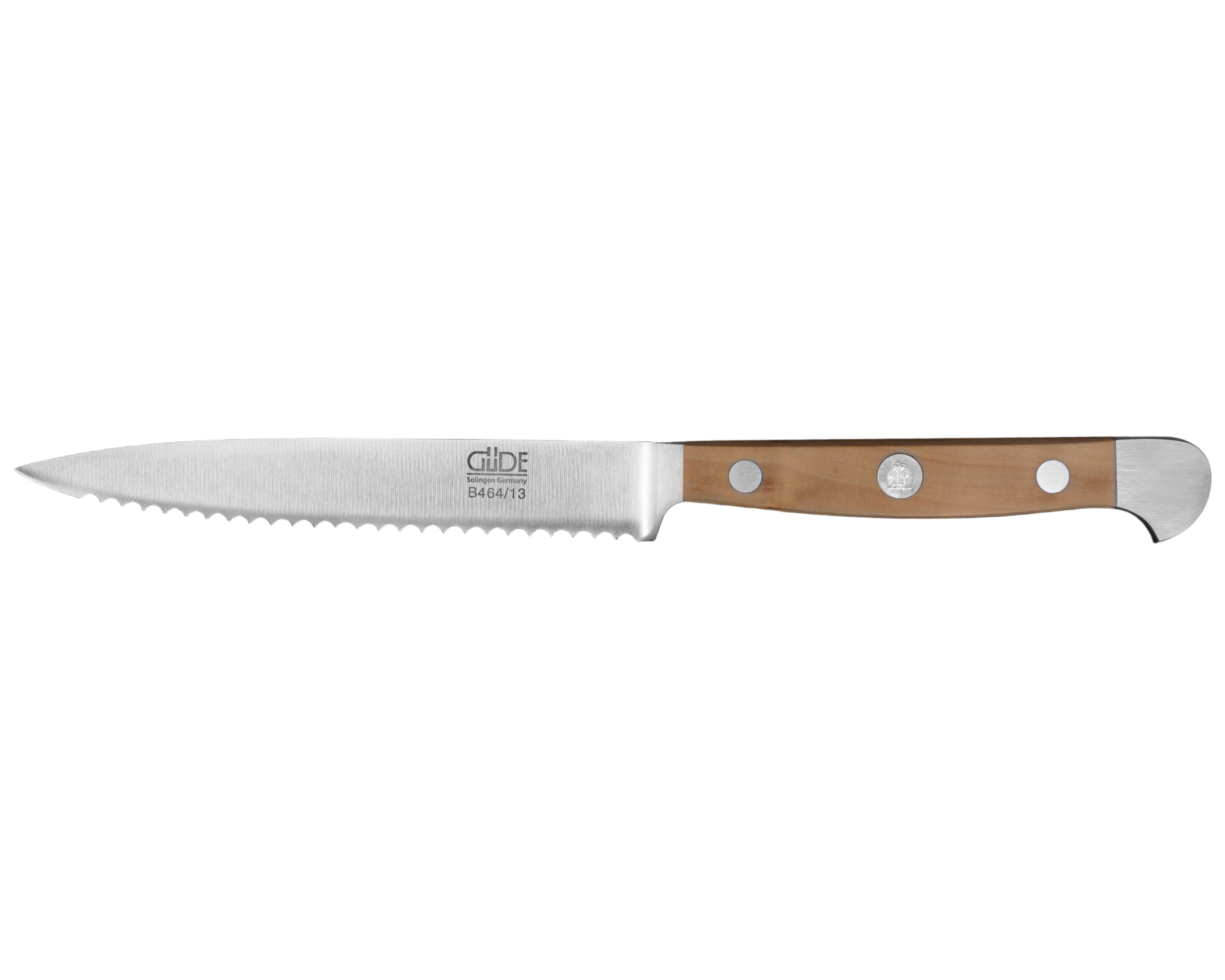 Gude Alpha Pear Series Forged Double Bolster Serrated Tomato Knife 5-in, Luxury Pear Wood Handle - Gude Shop USA