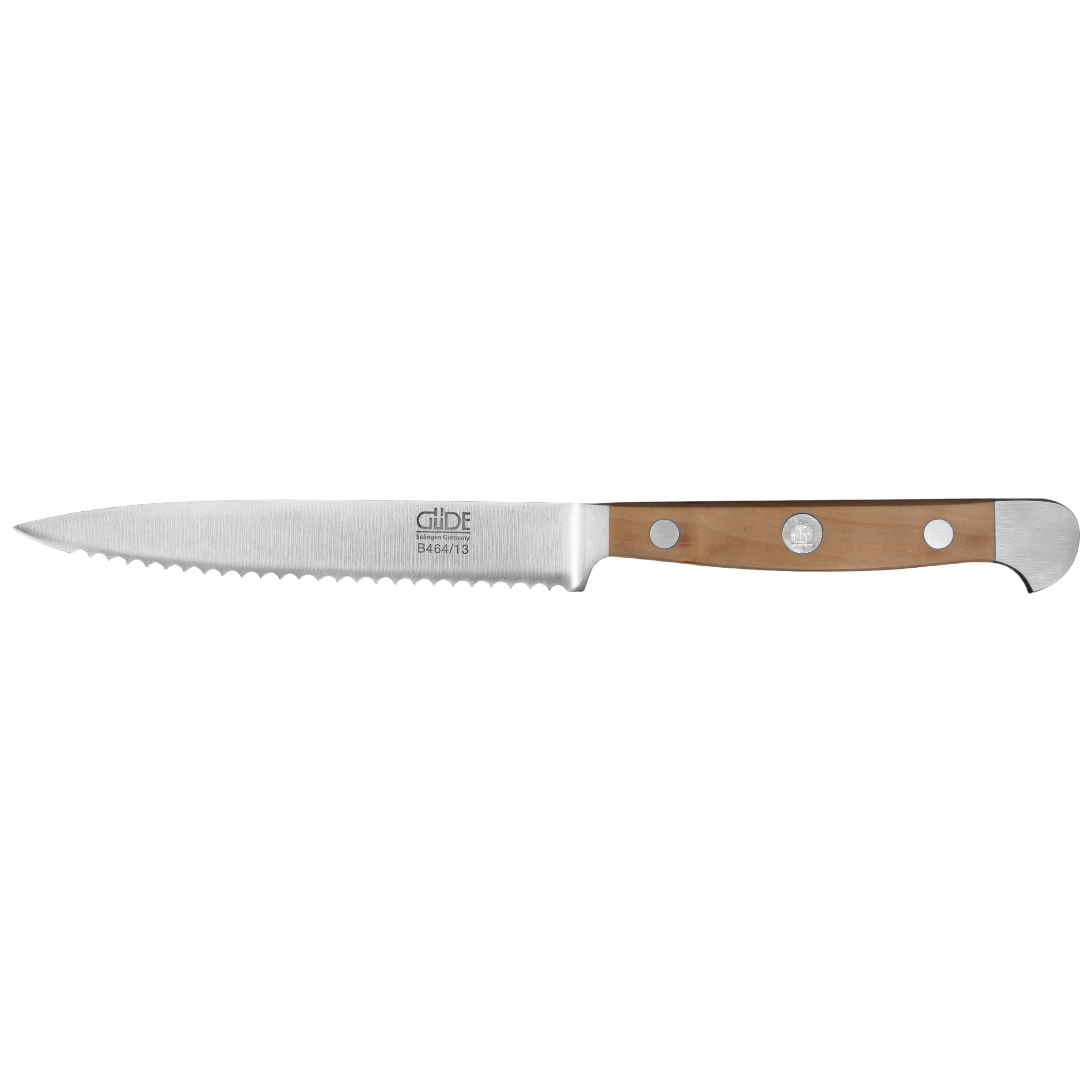 Gude Alpha Pear Series Forged Double Bolster Serrated Tomato Knife 5-in, Luxury Pear Wood Handle - Gude Shop USA