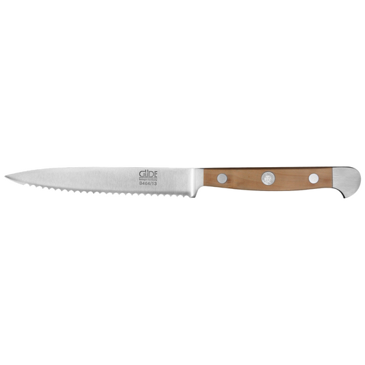 Gude Alpha Pear Series Forged Double Bolster Serrated Tomato Knife 5-in, Luxury Pear Wood Handle
