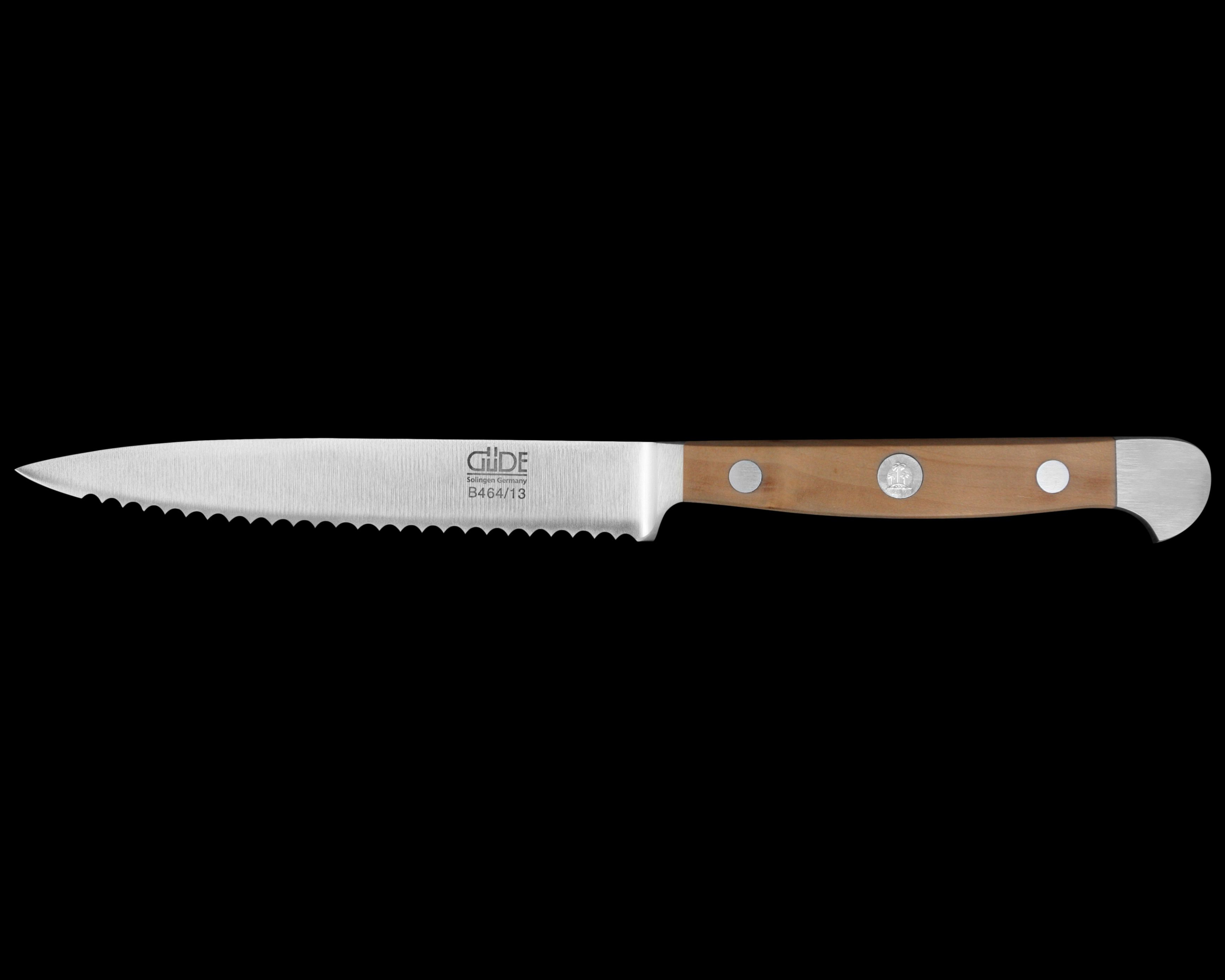 Gude Alpha Pear Series Forged Double Bolster Tomato Knife 5", Pearwood Handle and Serrated Blade - GuedeUSA