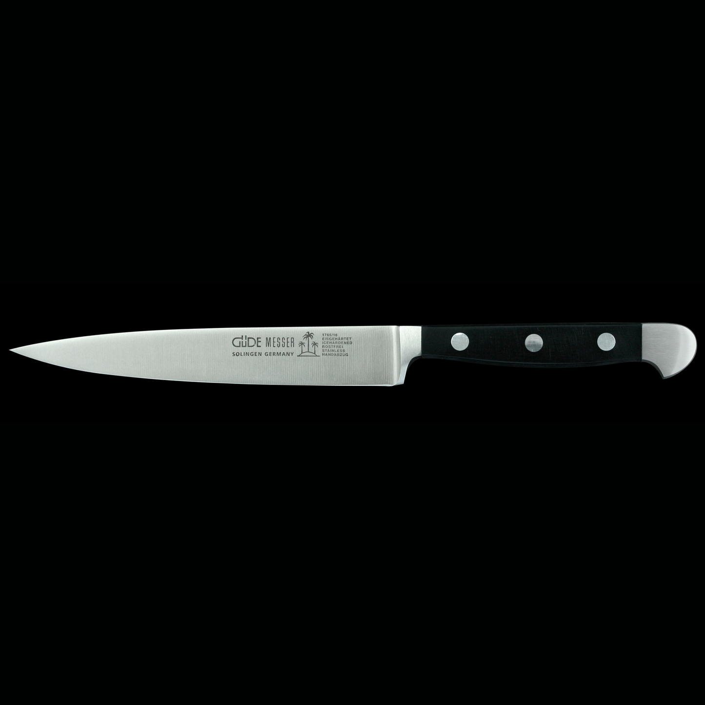 Gude Alpha Series Forged Double Bolster Slicing Knife 6", Black Hostaform Handle - GuedeUSA