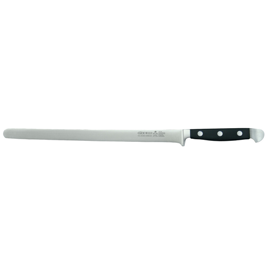 Gude Alpha Series Forged Double Bolster Salmon Slicer 10-in, Black Hostaform Handle