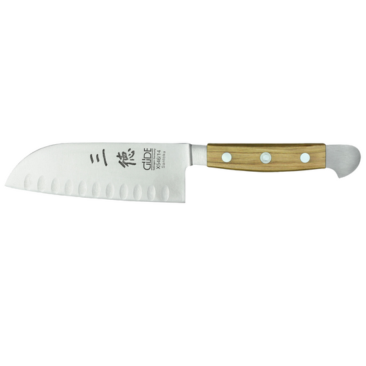 Gude Alpha Olive Series Forged Double Bolster Hollow Edge Santoku Knife 5-in, Olivewood Handle