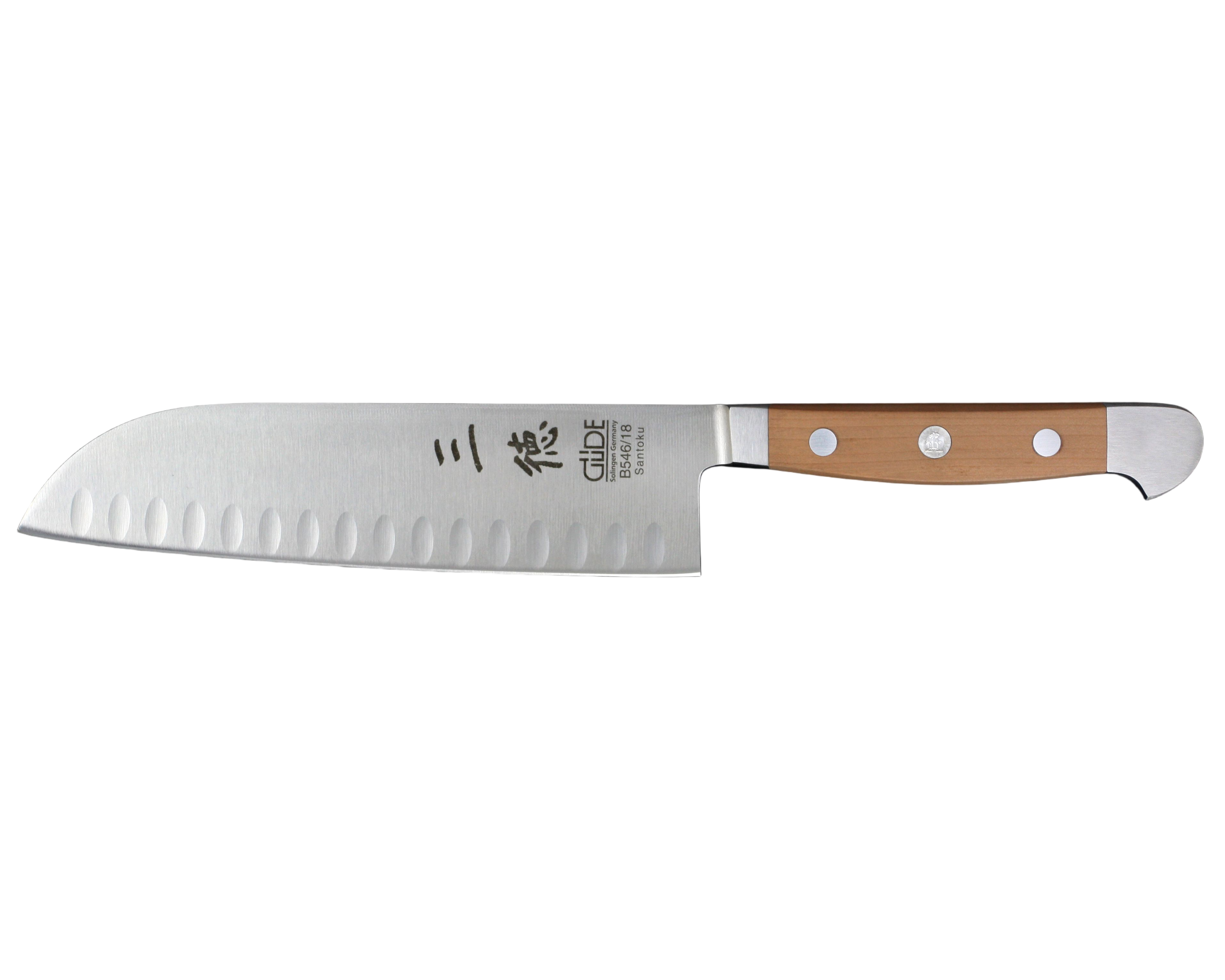 Gude Alpha Pear Series Forged Double Bolster Hollow Edge Santoku Knife 7-in, Luxury Pear Wood Handle - Gude Shop USA