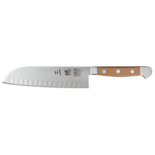 Gude Alpha Pear Series Forged Double Bolster Hollow Edge Santoku Knife 7-in, Luxury Pear Wood Handle