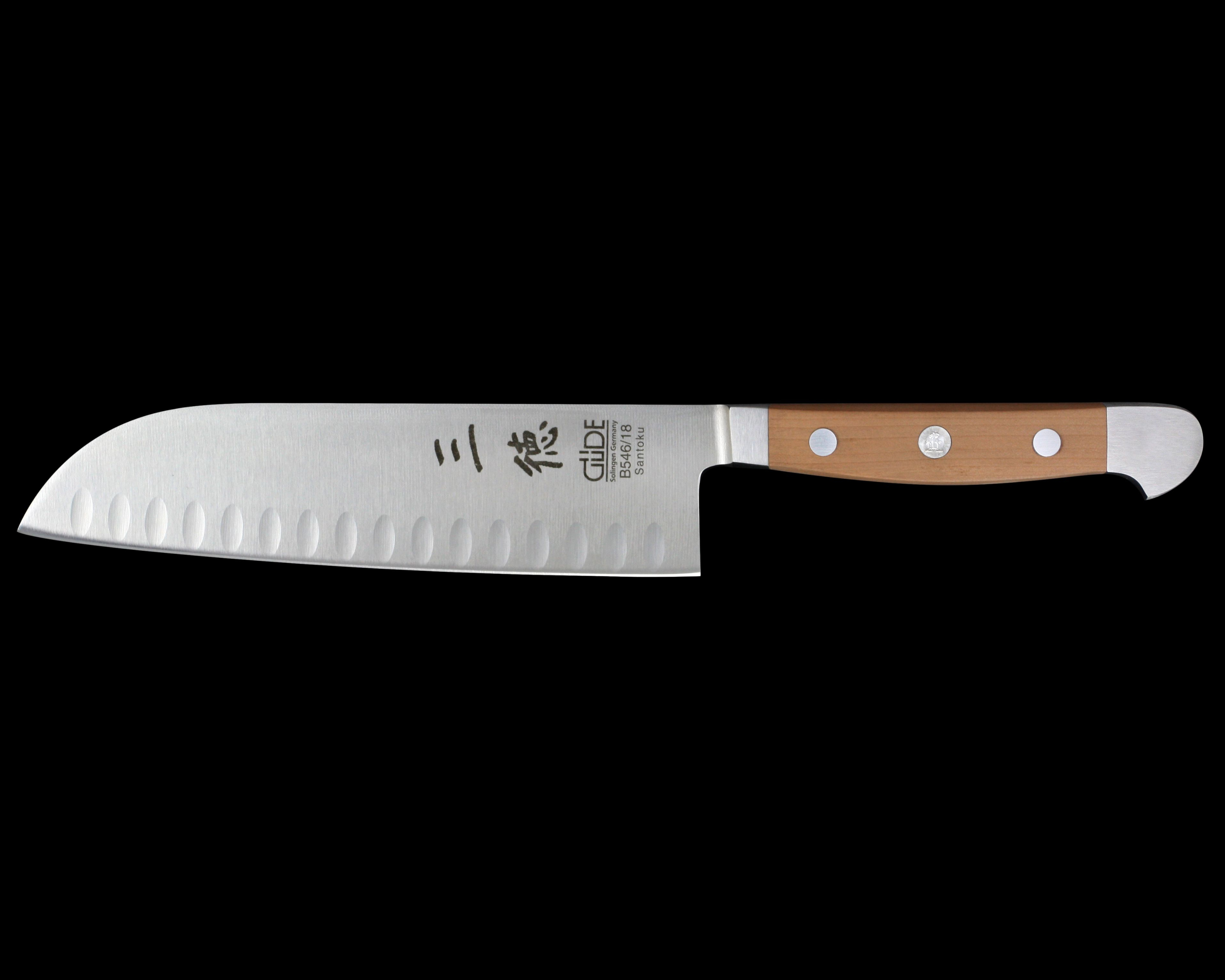 Gude Alpha Pear Series Forged Double Bolster Santoku Knife 7", Pearwood Handle and Granton Edge - GuedeUSA