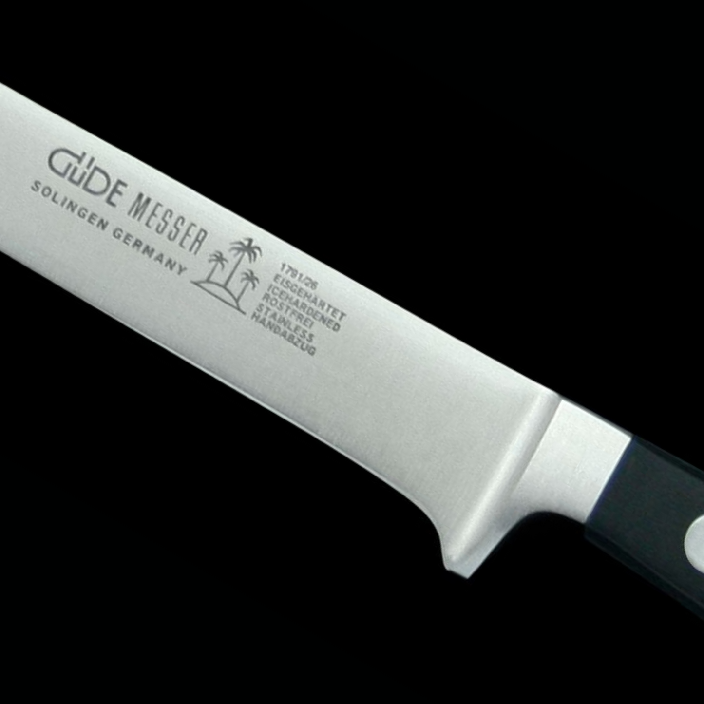 Gude Alpha Series Forged Double Bolster Salmon Slicer 10", Black Hostaform Handle - GuedeUSA
