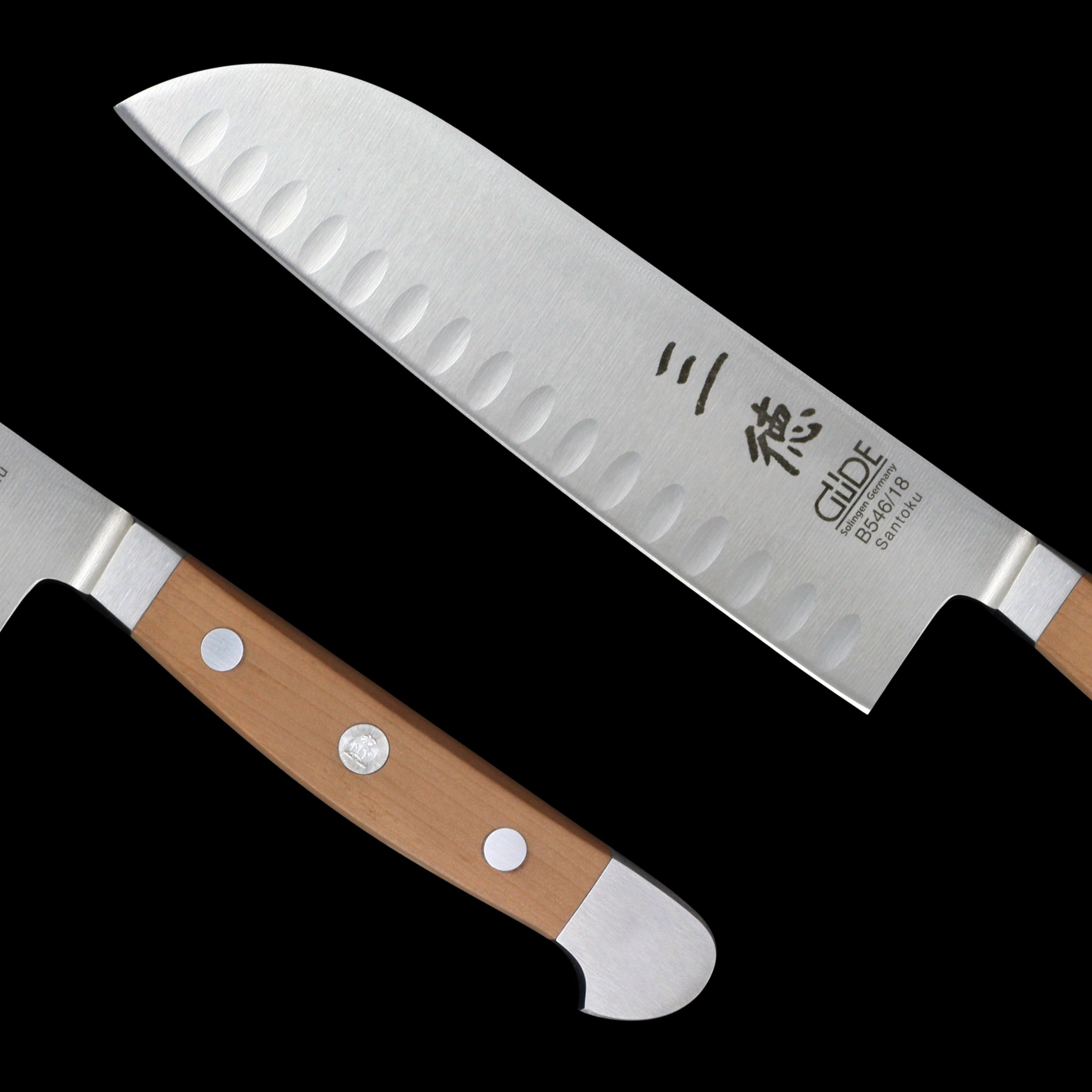 Gude Alpha Pear Series Forged Double Bolster Santoku Knife 7", Pearwood Handle and Granton Edge - GuedeUSA