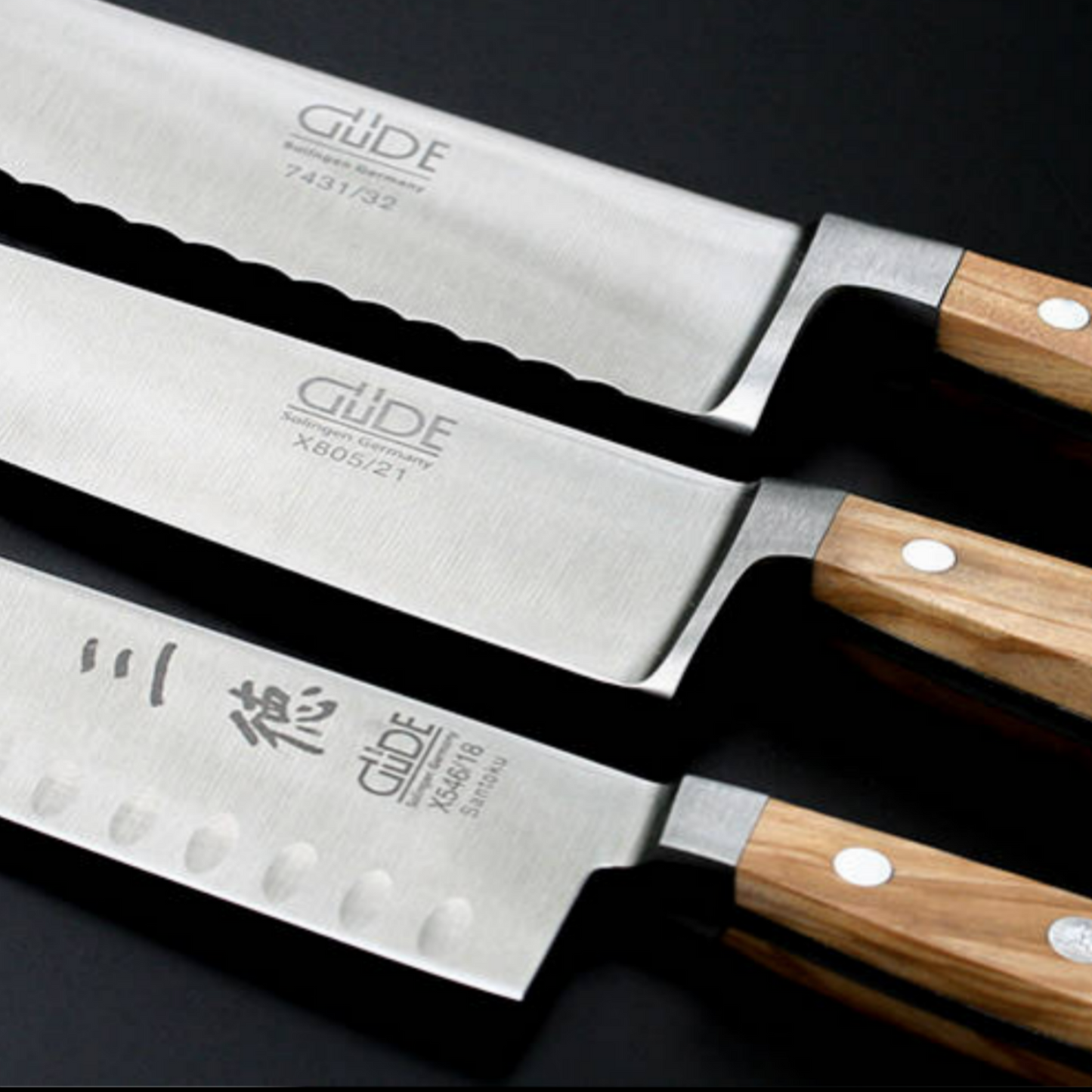 Gude Alpha Olive Series Forged Double Bolster Santoku Knife 7", Olivewood Handle and Granton Edge - GuedeUSA