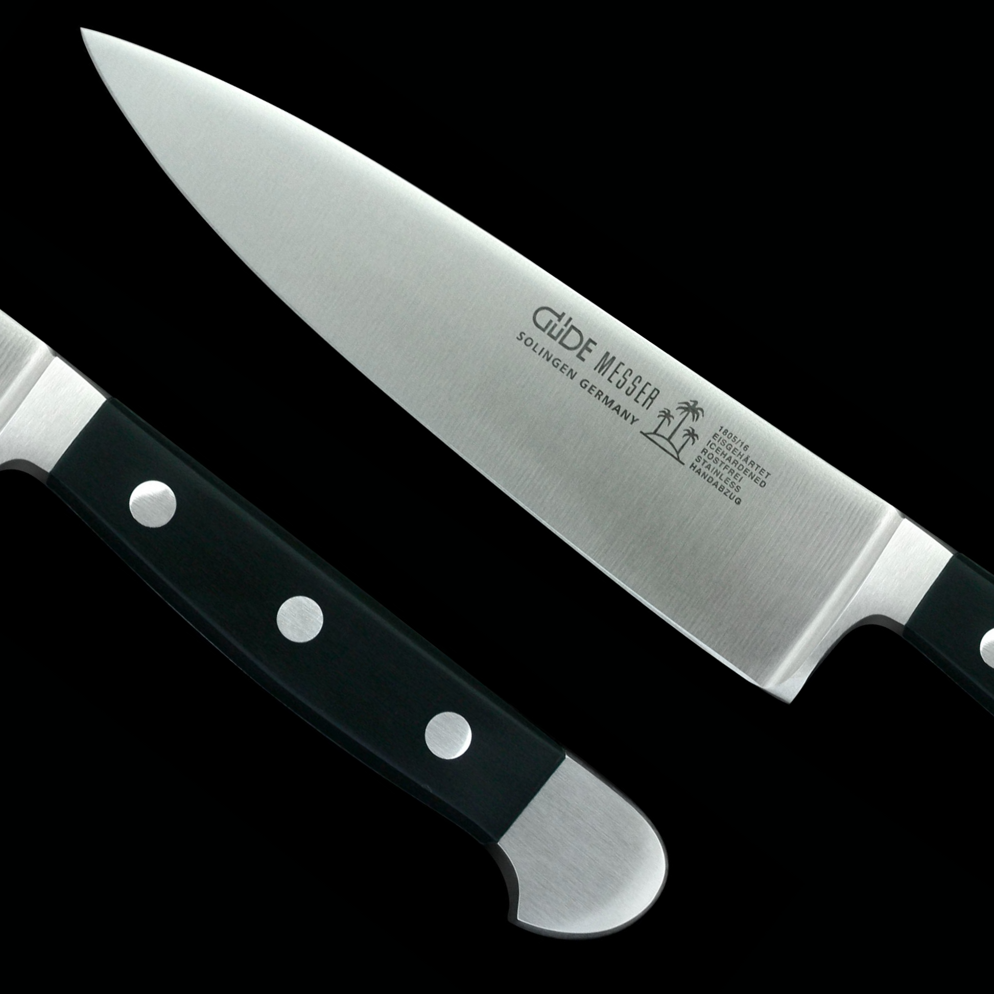Gude Alpha Series Forged Double Bolster Chef's Knife 6", Black Hostaform Handle - GuedeUSA