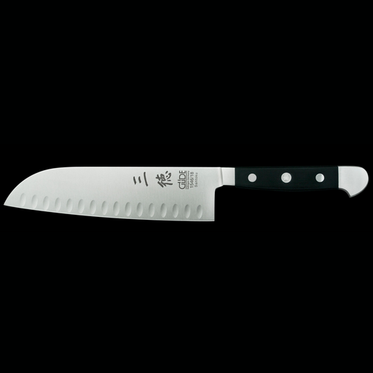 Gude Alpha Series Forged Double Bolster Santoku Knife 7", Black Hostaform Handle and Granton Edge - GuedeUSA