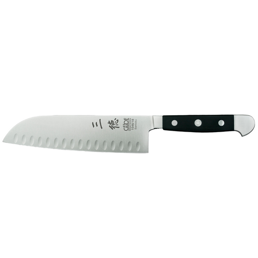 Gude Alpha Series Forged Double Bolster Hollow Edge Santoku Knife 7-in, Black Hostaform Handle