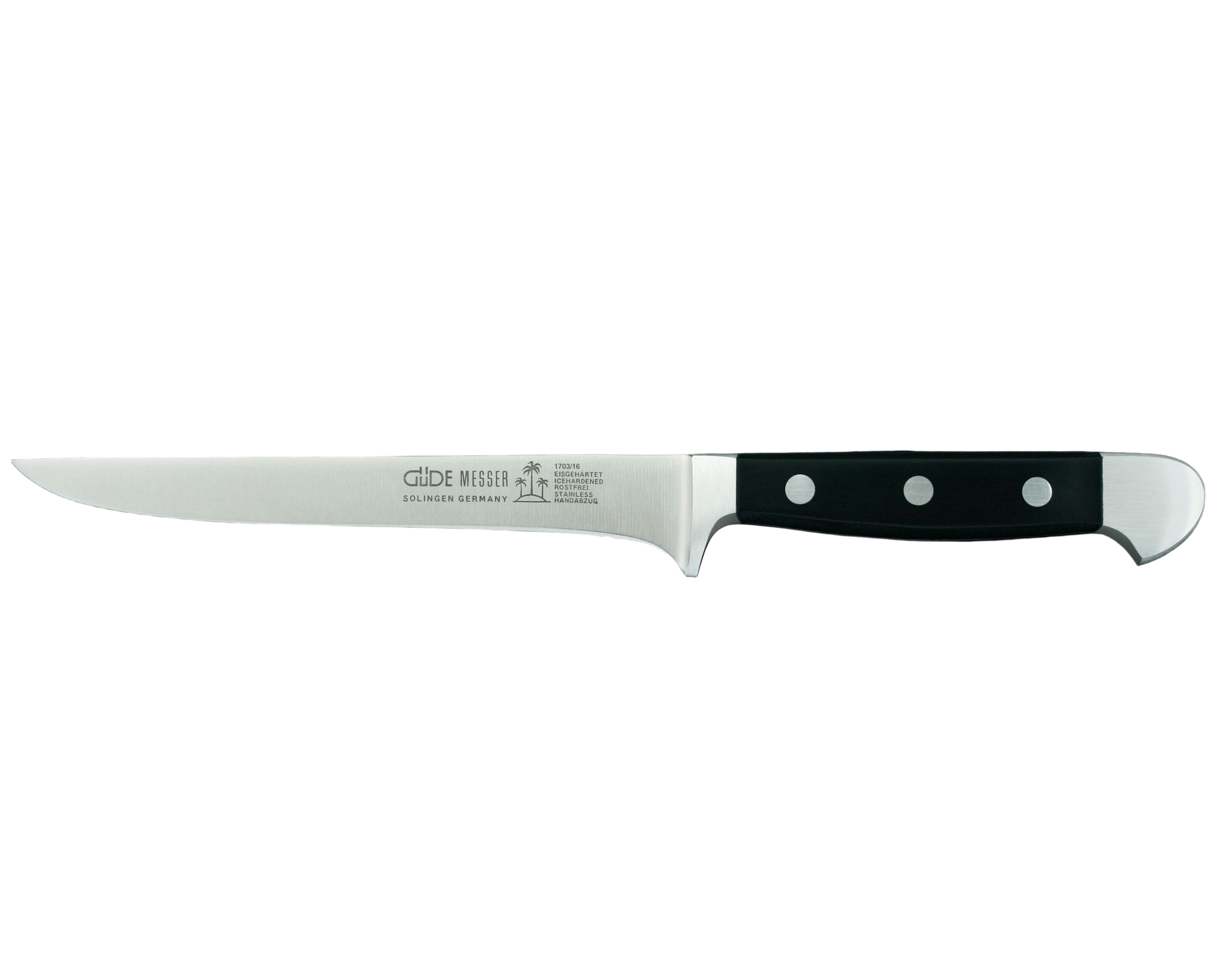 Gude Alpha Series Forged Double Bolster Boning Knife 6-in, Black Hostaform Handle - Gude Shop USA